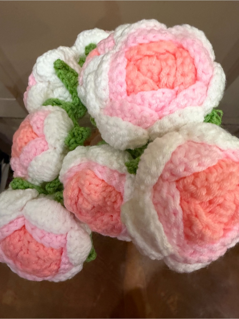 Bundle of 10 Handmade Crocheted Pink & White Floral Roses Bouquet Wedding Shower